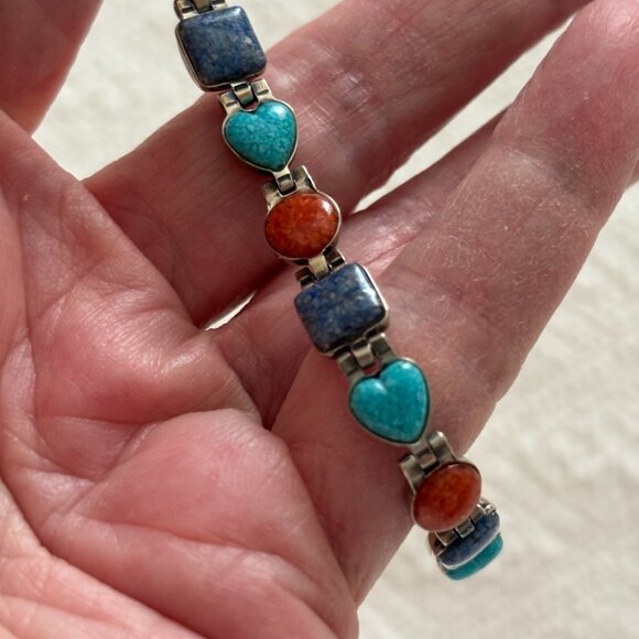 Carolyn Pollack Double Sided Reversible Turquoise Coral Lapis Lazuli Bracelet - Picture 10 of 15